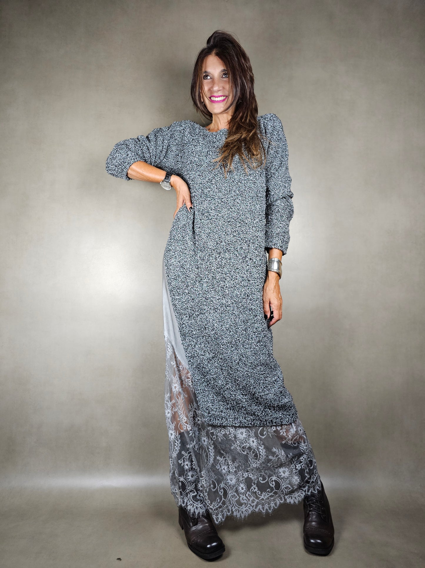 long boucle dress with side slit gc 26