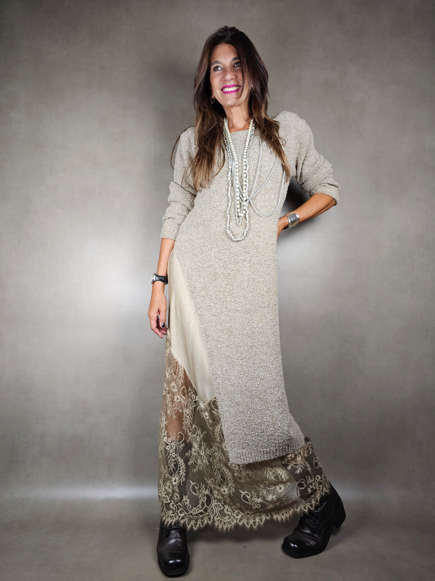 long boucle dress with side slit gc 26