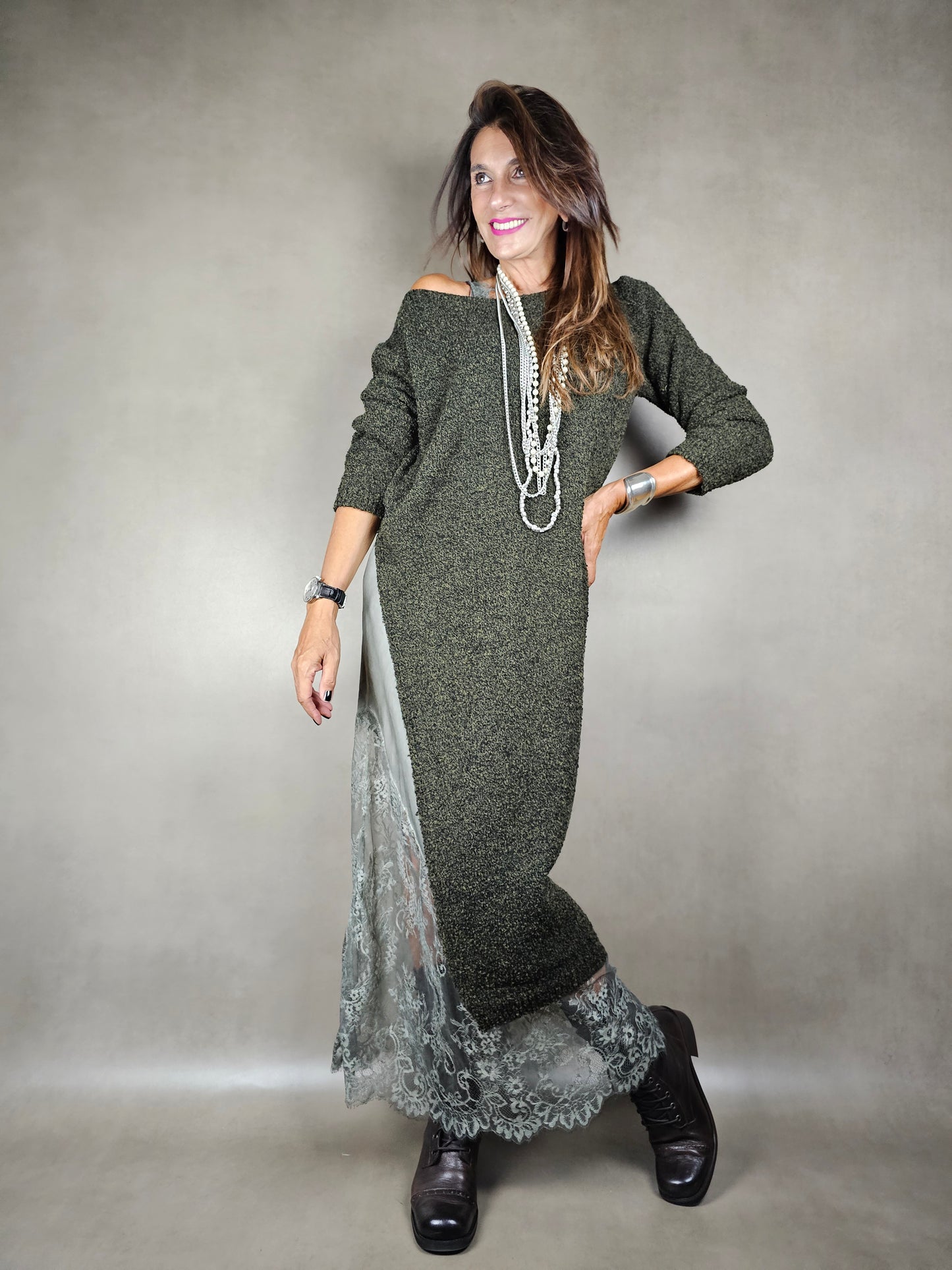 long boucle dress with side slit gc 26