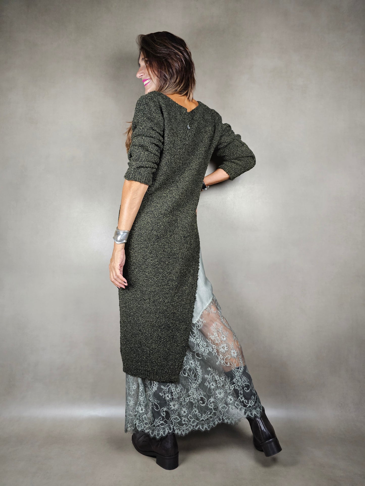 long boucle dress with side slit gc 26