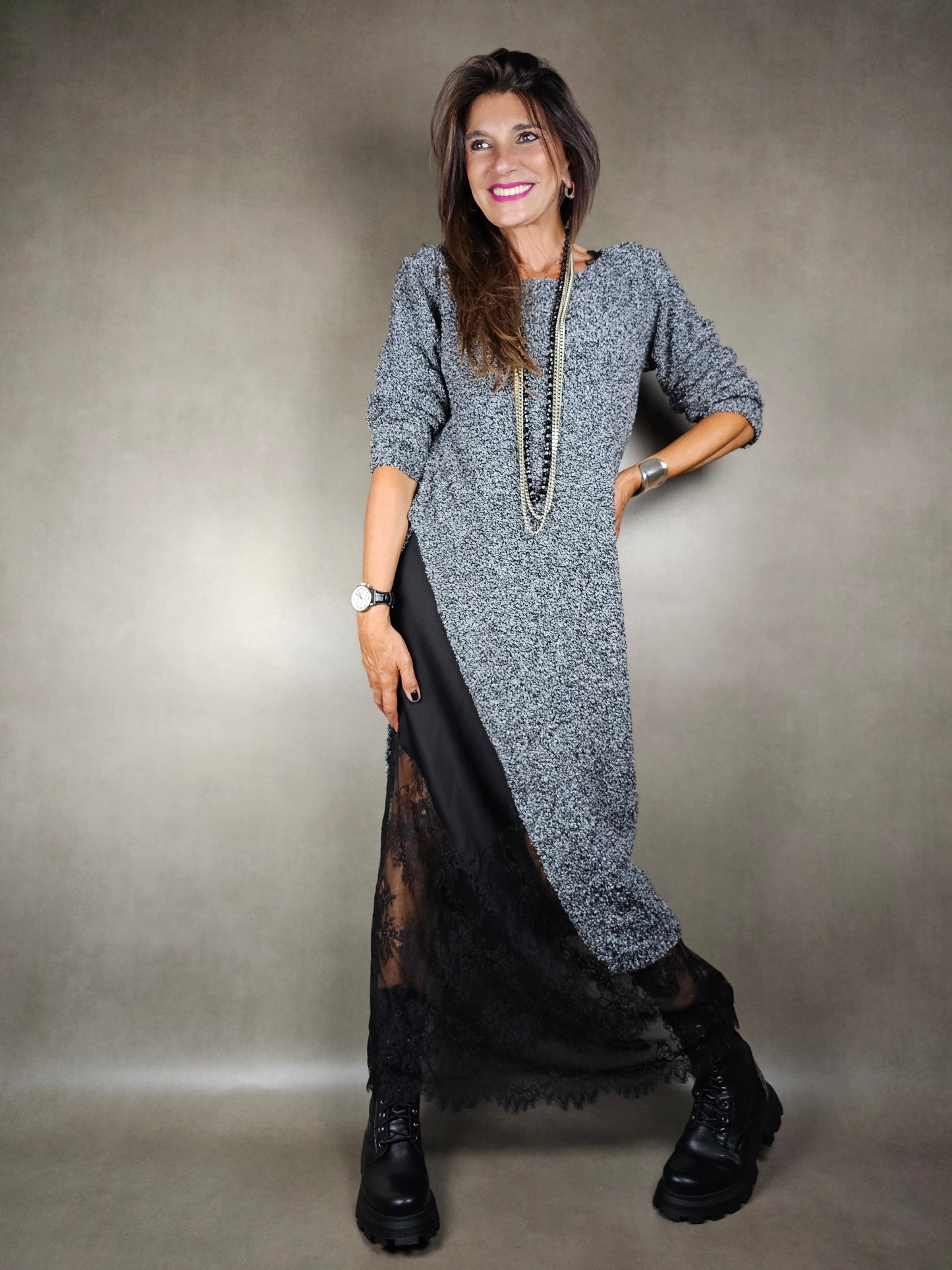 long boucle dress with side slit gc 26