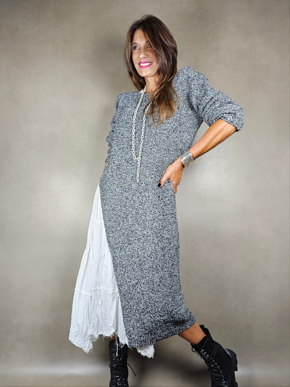 long boucle dress with side slit gc 26